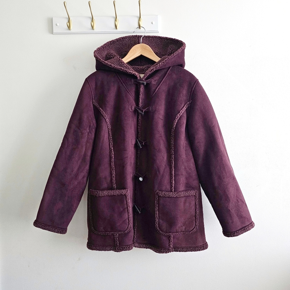 VTG L.L. Bean Women’s Hooded Toggle Coat Jacket Faux Shearling Lined, Size Large